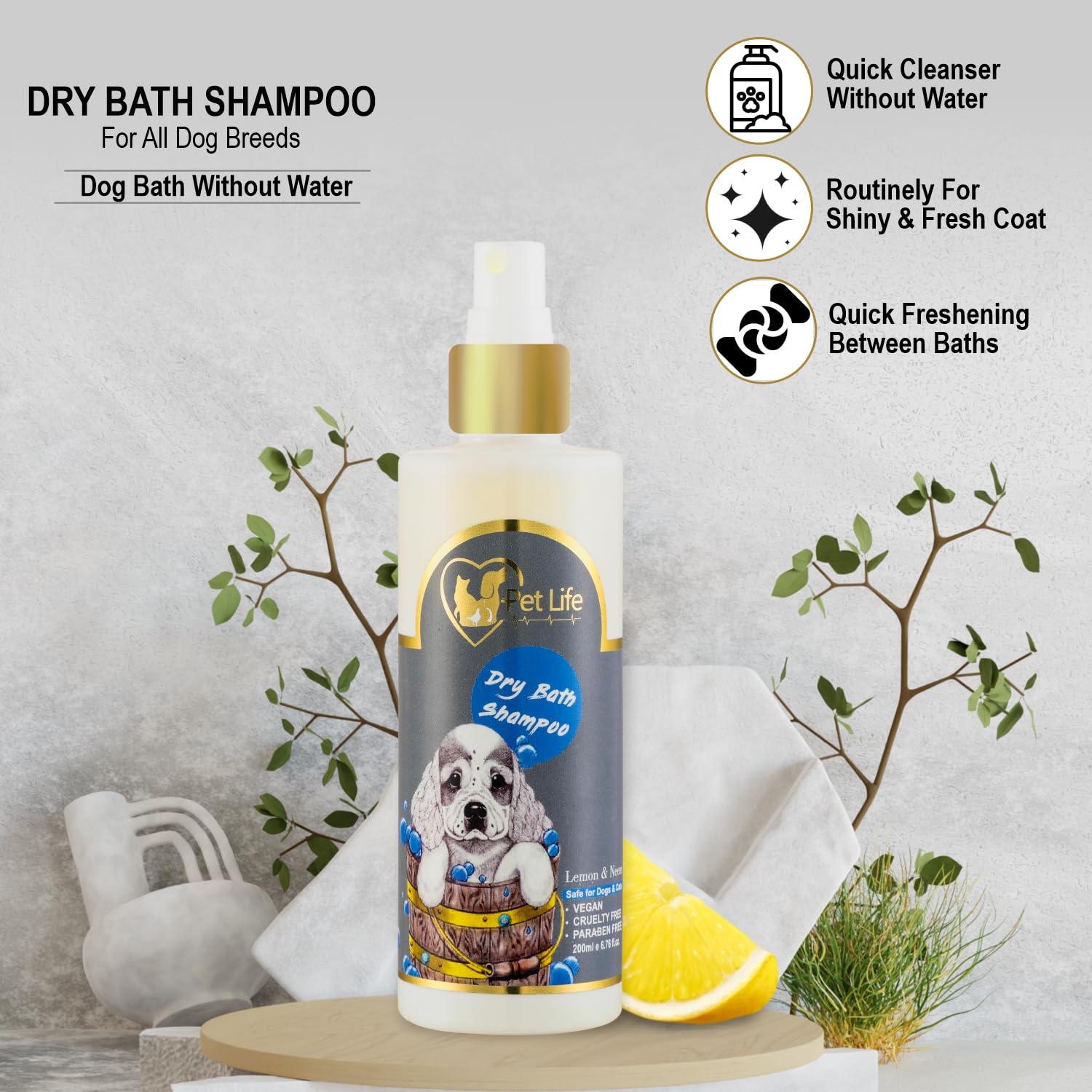 Pet Life Organic Dry Bath Shampoo for Chow Chow Dog & Puppy | Dry Waterless Spray Dog Shampoo for A Cleaner, Smoother & Shinier Coat - Made with Natural Actives | for All Dog Breed - 200 Ml