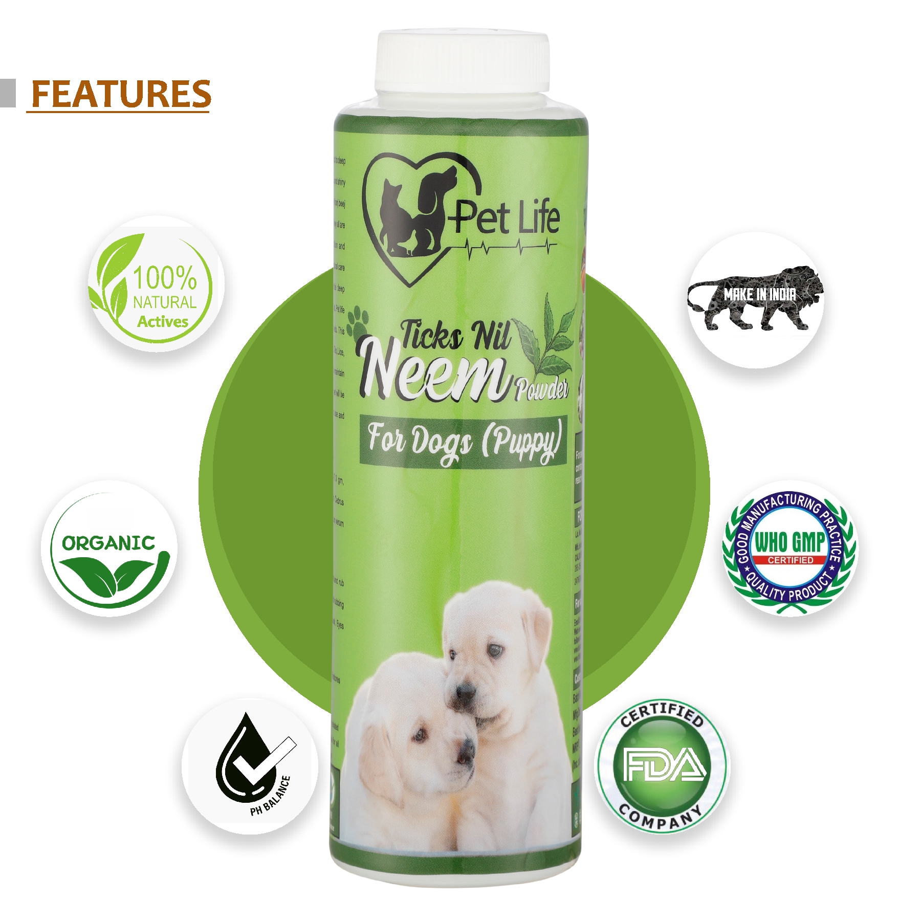 Pet Life Pure Organic Ticks Nil Neem Powder For Dog (Puppy) Effective To Deal With Ticks, Lice, Mites, Fleas, Itching, Anti Bacterial -Safe & Effective Pet Friendly Formula For All Puppy Breeds