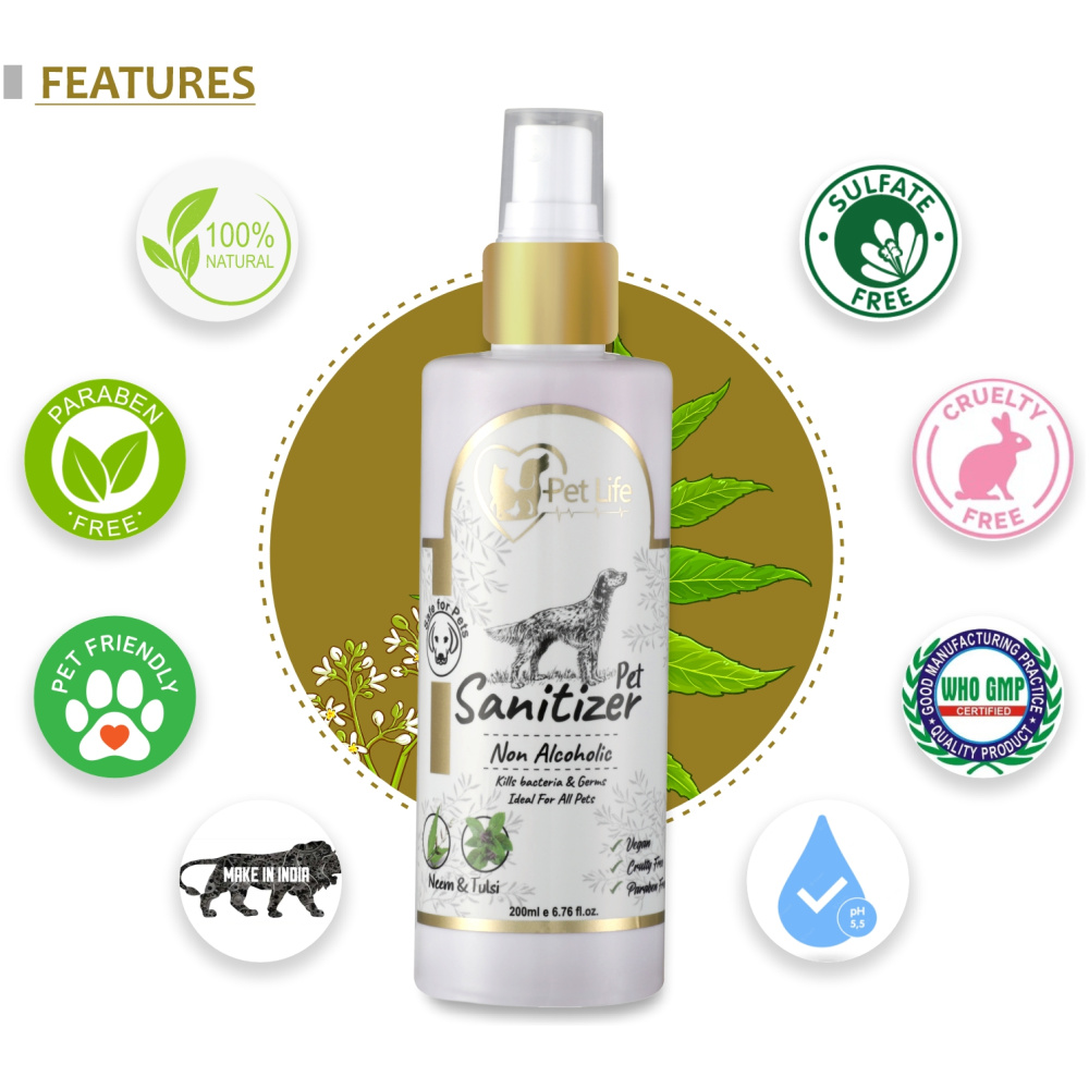 Pet Life Organic Pet Sanitizer Spray for Dog, Puppy, Cats & Kitten | Pet Sanitizer Gives Healthy Coat Made with Natural Ingredients - Pet Friendly Formula for All Pet Breed –200 Ml