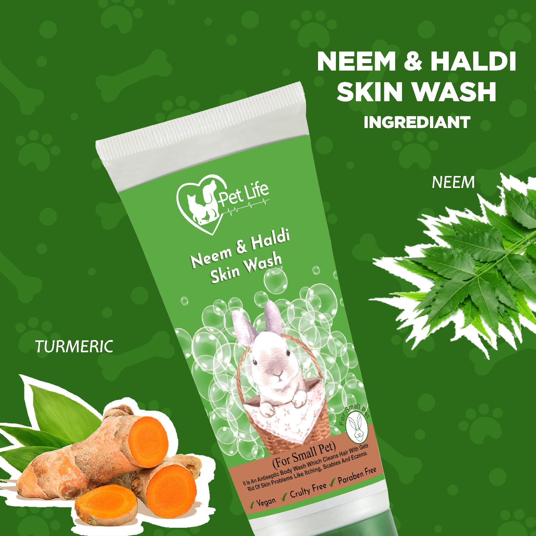 Pet Life Organic Neem Haldi Skin Wash for Small Pets, Rabbits & Kitten Help to Reduce Hair Shedding & Anti Itching Body Wash – Safe Pet Friendly Formula for All Small Pet Breed - 100 Ml